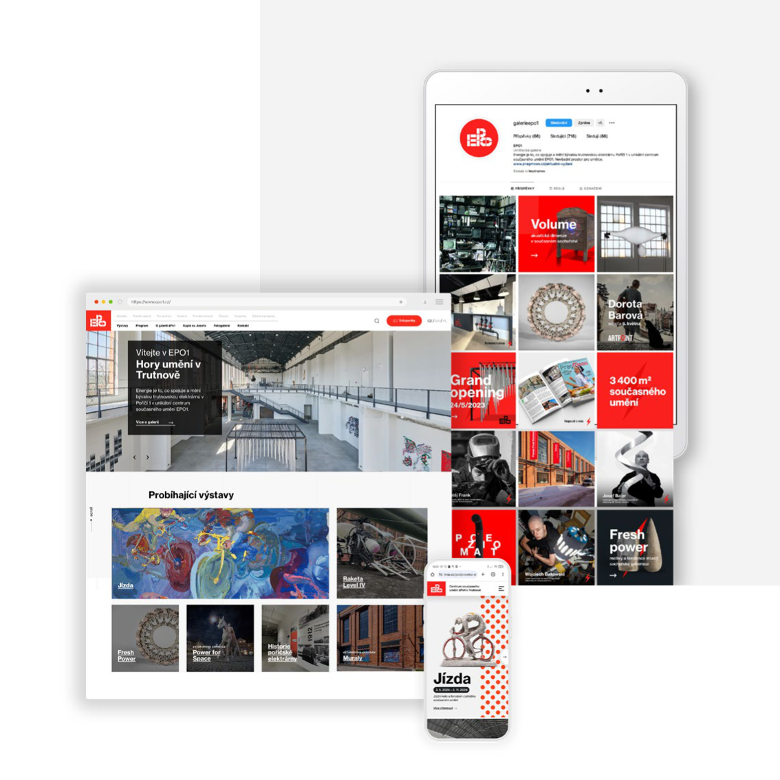 Interiér galerie EPO1 — industriální prostor s výstavou